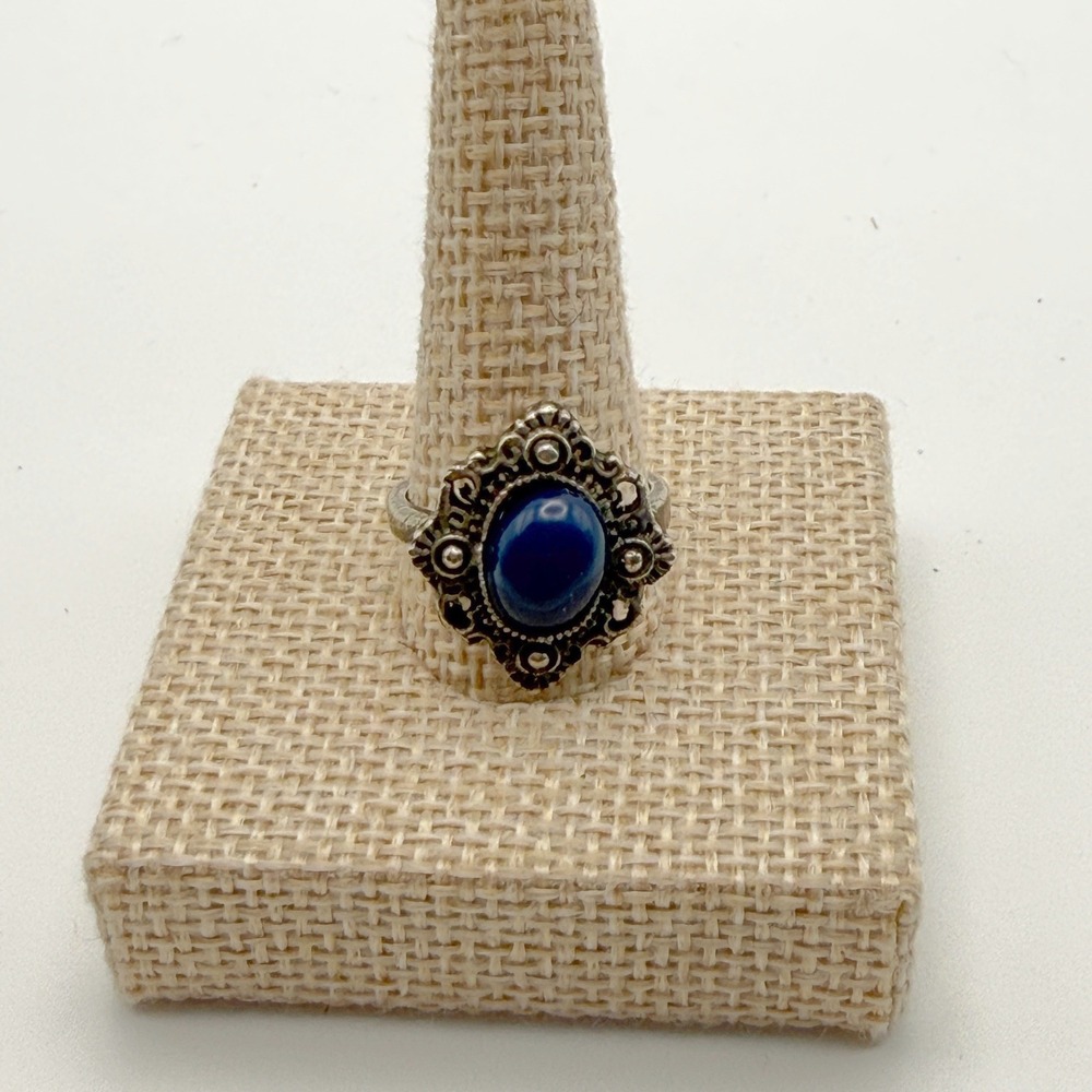 Blue Silver Tone‎ Statement Ring Filigree Victorian Style Goth Whimsigoth